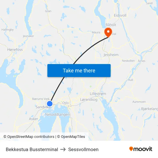 Bekkestua Bussterminal to Sessvollmoen map