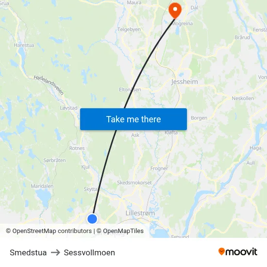 Smedstua to Sessvollmoen map