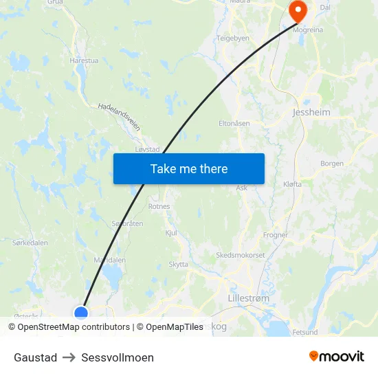 Gaustad to Sessvollmoen map