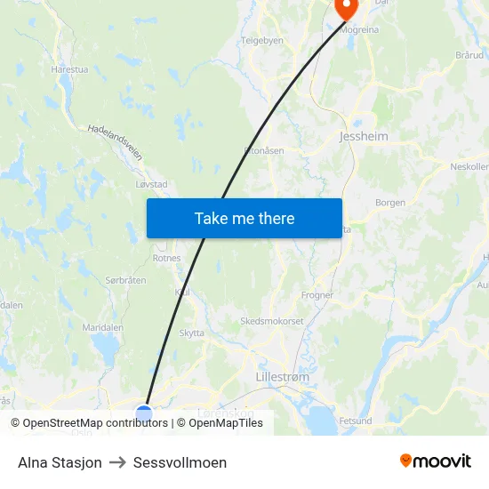 Alna Stasjon to Sessvollmoen map