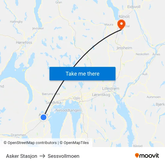 Asker Stasjon to Sessvollmoen map