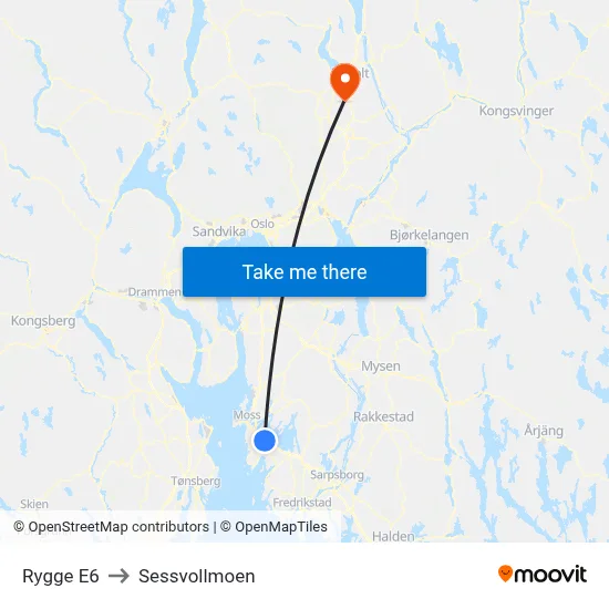 Rygge E6 to Sessvollmoen map
