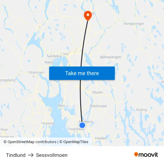 Tindlund to Sessvollmoen map