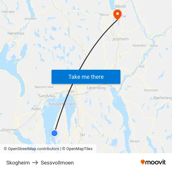 Skogheim to Sessvollmoen map