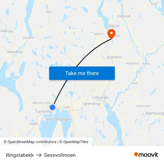 Ringstabekk to Sessvollmoen map