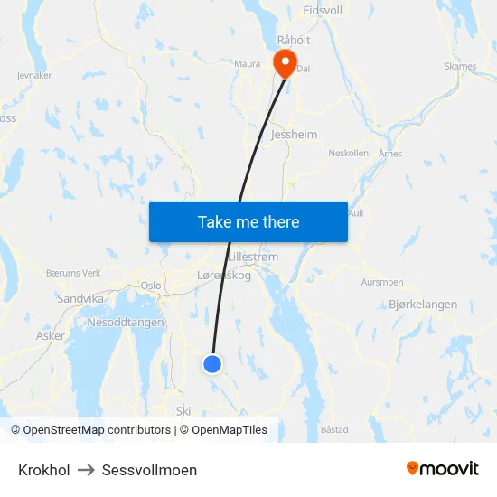 Krokhol to Sessvollmoen map