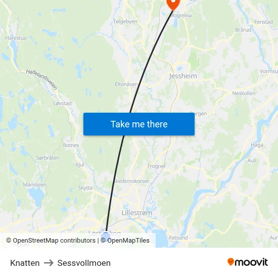 Knatten to Sessvollmoen map