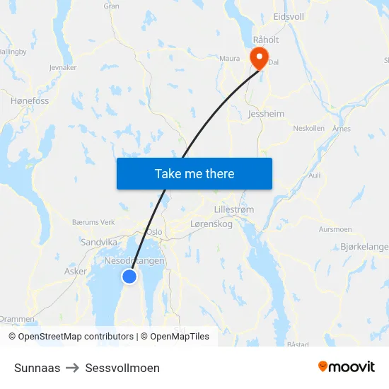 Sunnaas to Sessvollmoen map