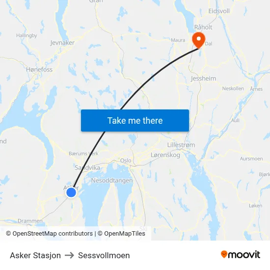 Asker Stasjon to Sessvollmoen map