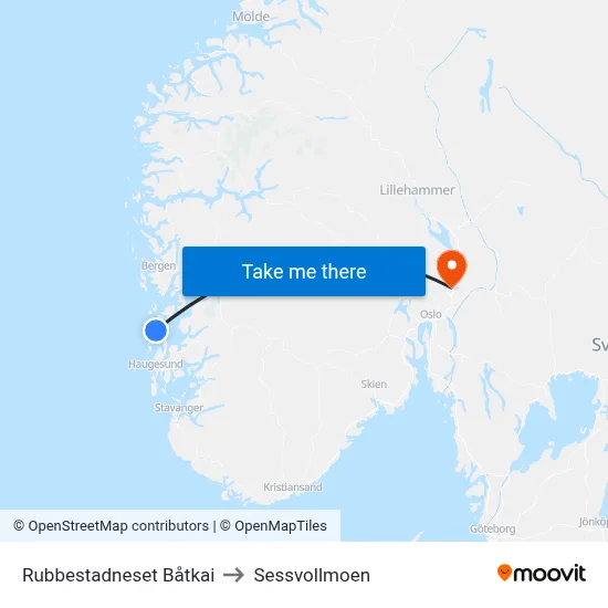 Rubbestadneset Båtkai to Sessvollmoen map