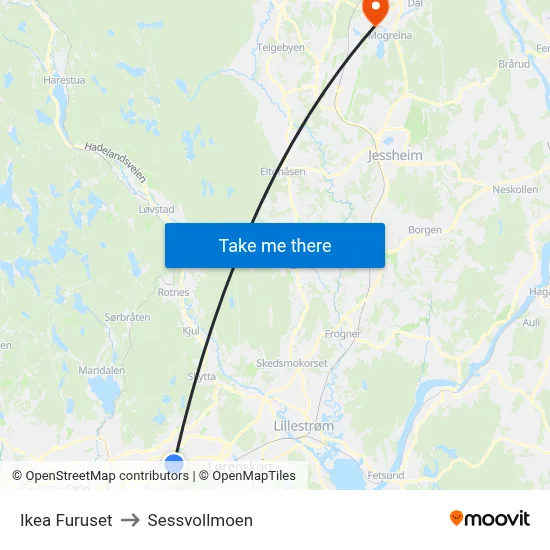 Ikea Furuset to Sessvollmoen map
