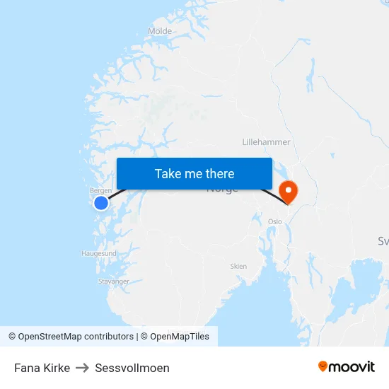 Fana Kirke to Sessvollmoen map