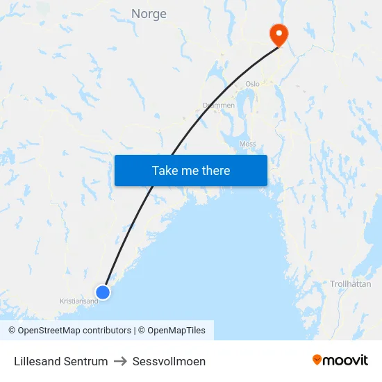 Lillesand Sentrum to Sessvollmoen map
