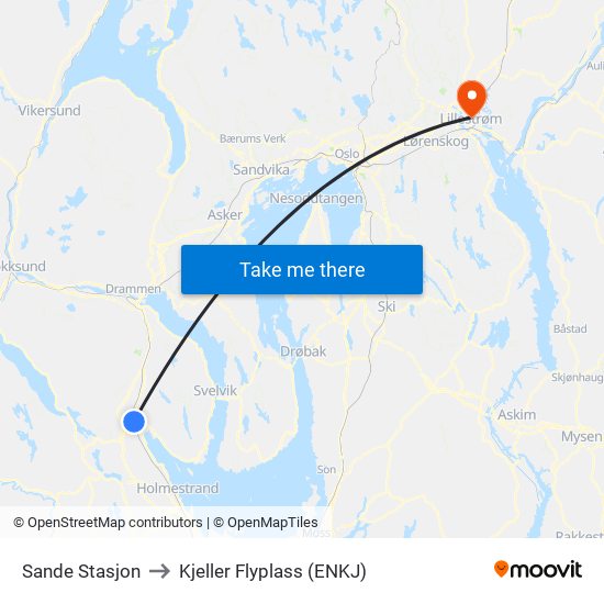 Sande Stasjon to Kjeller Flyplass (ENKJ) map