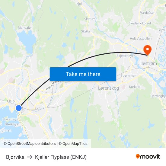 Bjørvika to Kjeller Flyplass (ENKJ) map