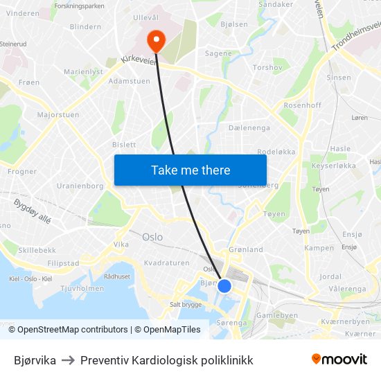 Bjørvika to Preventiv Kardiologisk poliklinikk map