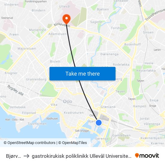 Bjørvika to gastrokirukisk poliklinikk Ullevål Universitetsykehuset map