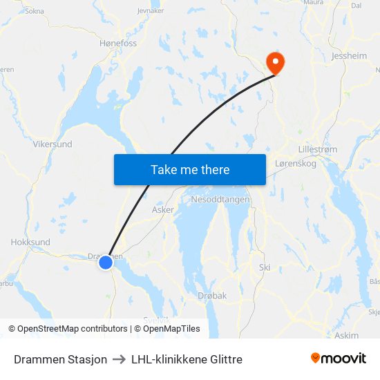 Drammen Stasjon to LHL-klinikkene Glittre map