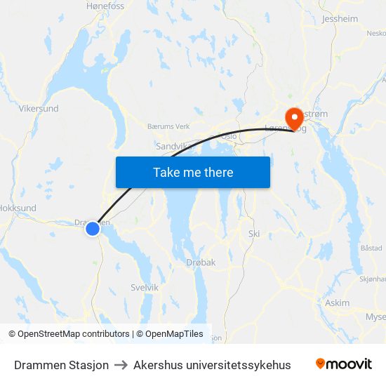 Drammen Stasjon to Akershus universitetssykehus map