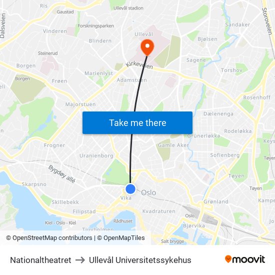Nationaltheatret to Ullevål Universitetssykehus map