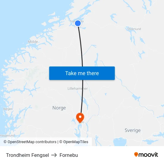 Trondheim Fengsel to Fornebu map