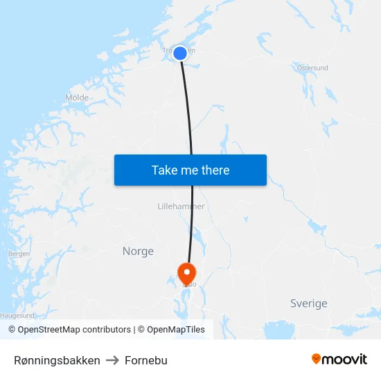 Rønningsbakken to Fornebu map