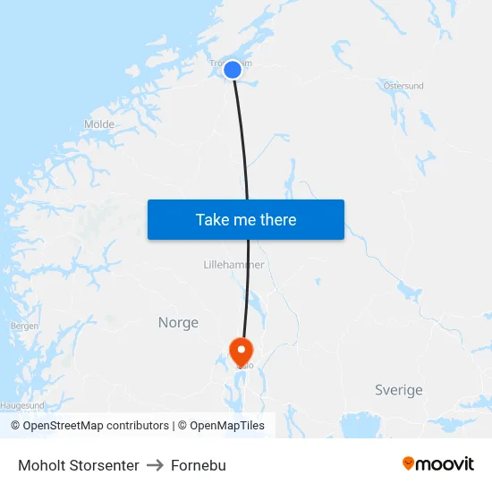 Moholt Storsenter to Fornebu map