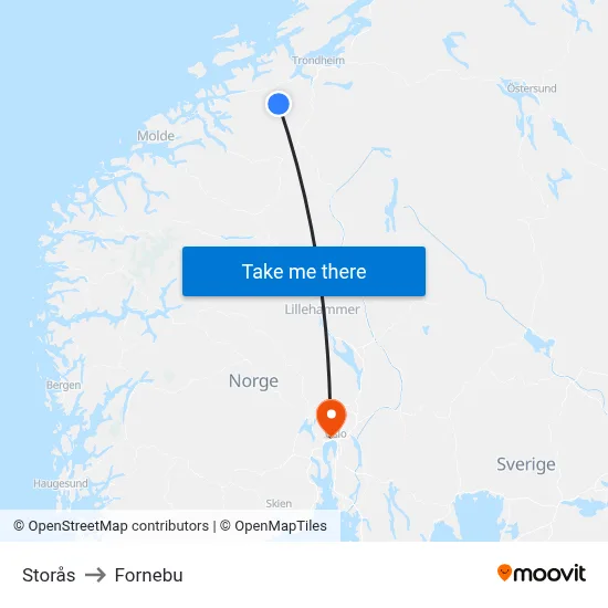 Storås to Fornebu map