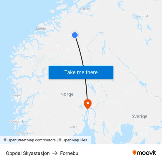 Oppdal Skysstasjon to Fornebu map