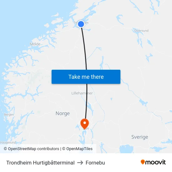 Trondheim Hurtigbåtterminal to Fornebu map
