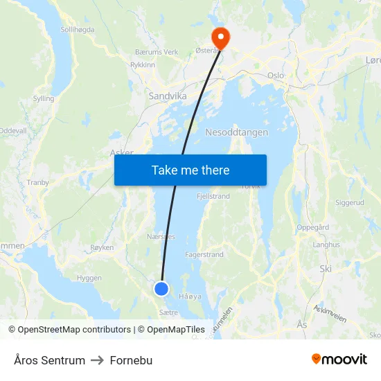 Åros Sentrum to Fornebu map