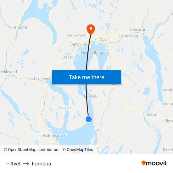 Filtvet to Fornebu map