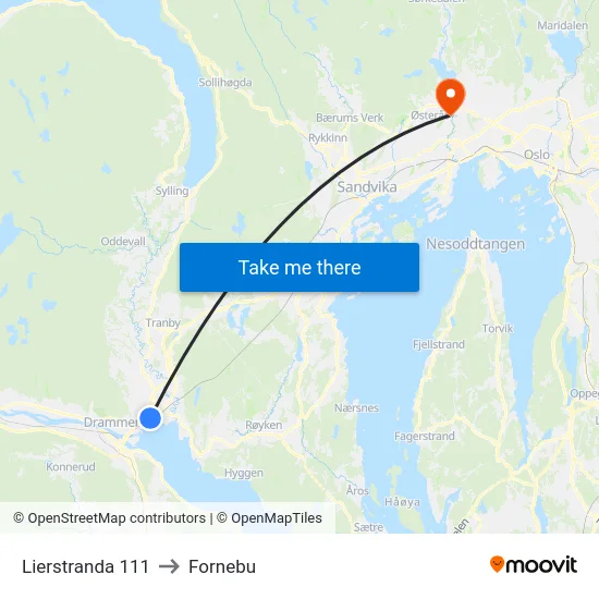 Lierstranda 111 to Fornebu map