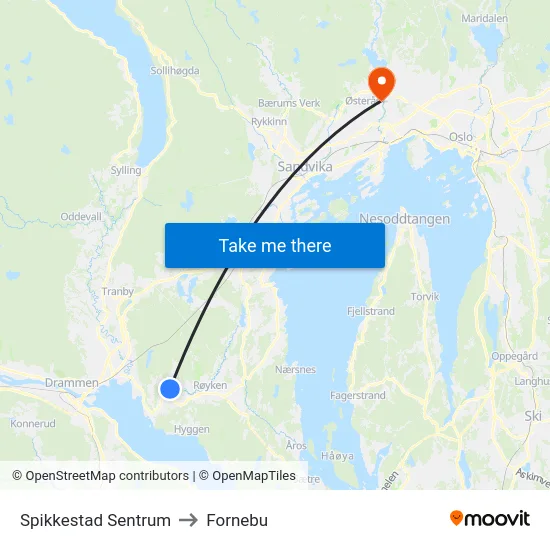 Spikkestad Sentrum to Fornebu map