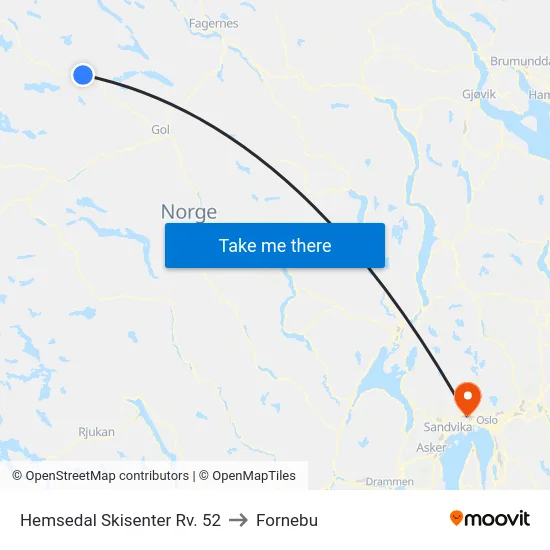 Hemsedal Skisenter Rv. 52 to Fornebu map