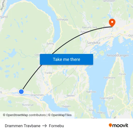 Drammen Travbane to Fornebu map