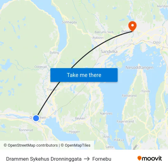 Dronninggata to Fornebu map