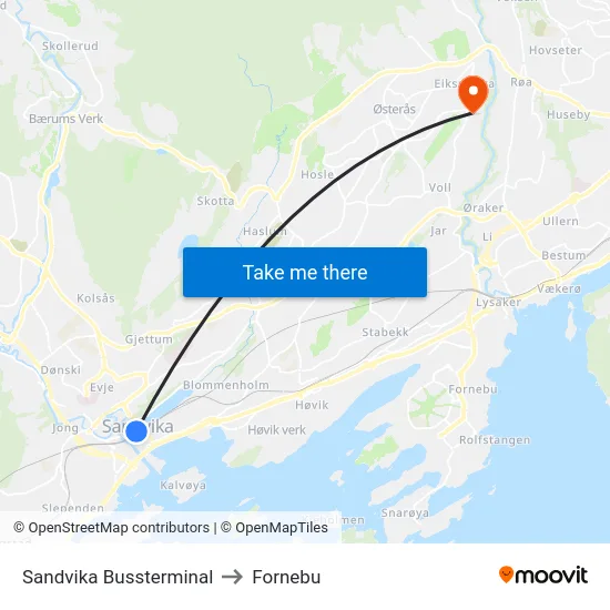 Sandvika Bussterminal to Fornebu map