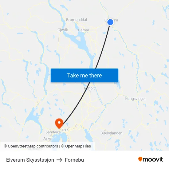 Elverum Skysstasjon to Fornebu map