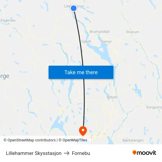 Lillehammer Skysstasjon to Fornebu map