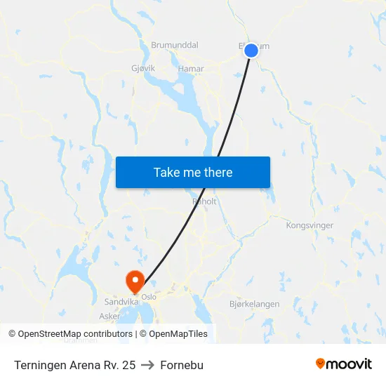 Terningen Arena Rv. 25 to Fornebu map