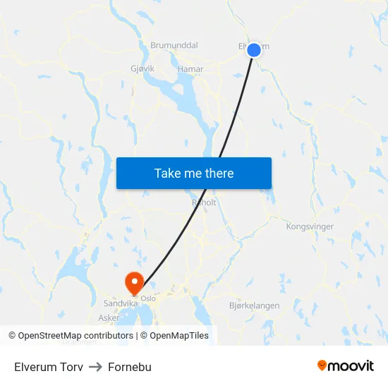Elverum Torv to Fornebu map