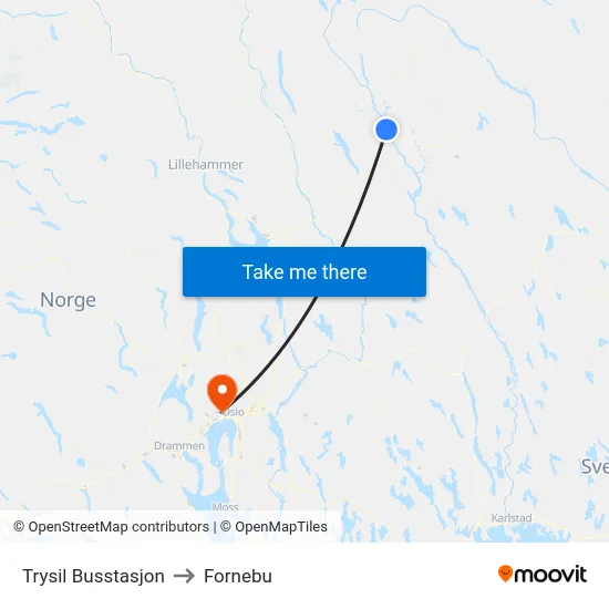 Trysil Busstasjon to Fornebu map