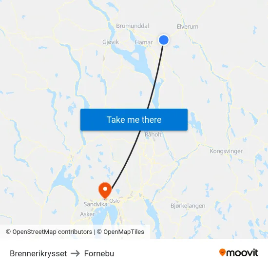 Brennerikrysset to Fornebu map