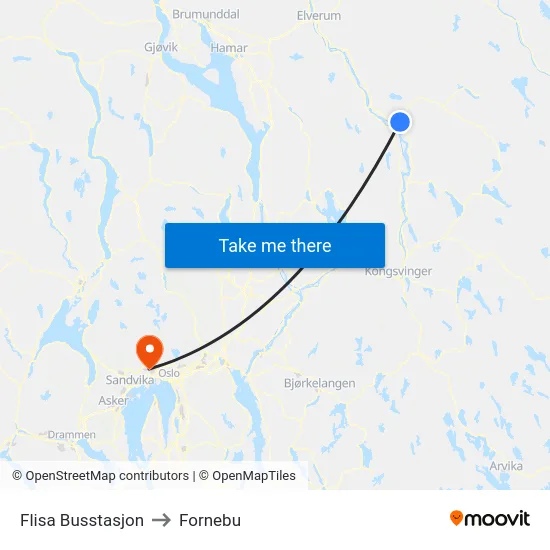 Flisa Busstasjon to Fornebu map
