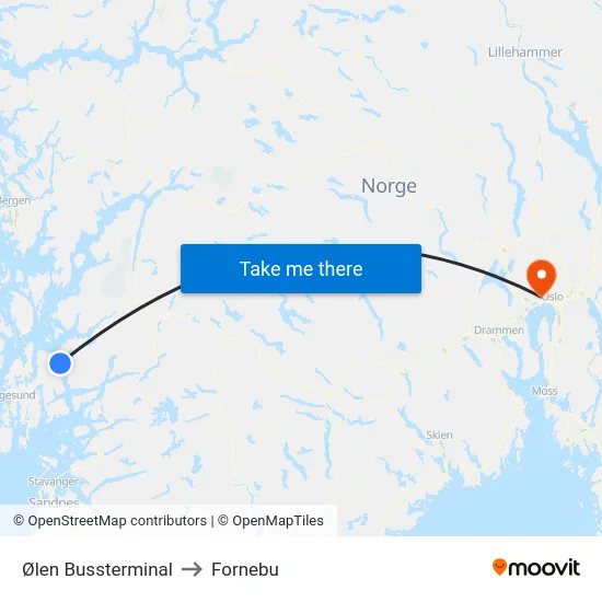 Ølen Bussterminal to Fornebu map
