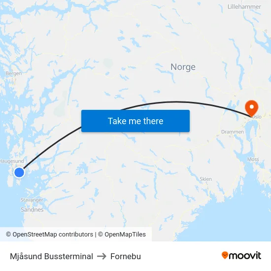 Mjåsund Bussterminal to Fornebu map