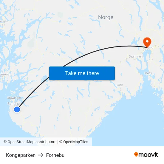 Kongeparken to Fornebu map