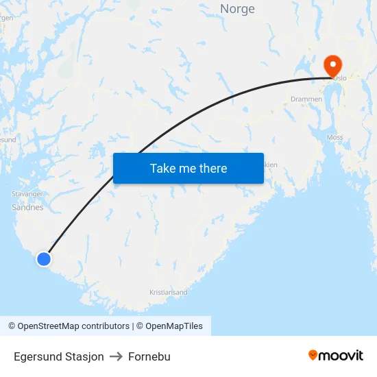 Egersund Stasjon to Fornebu map