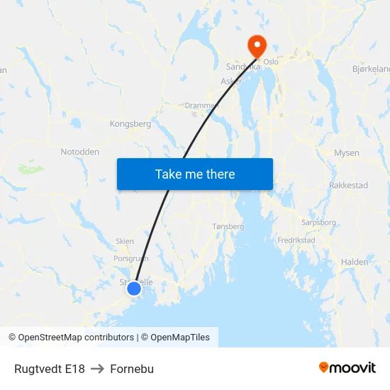 Rugtvedt E18 to Fornebu map